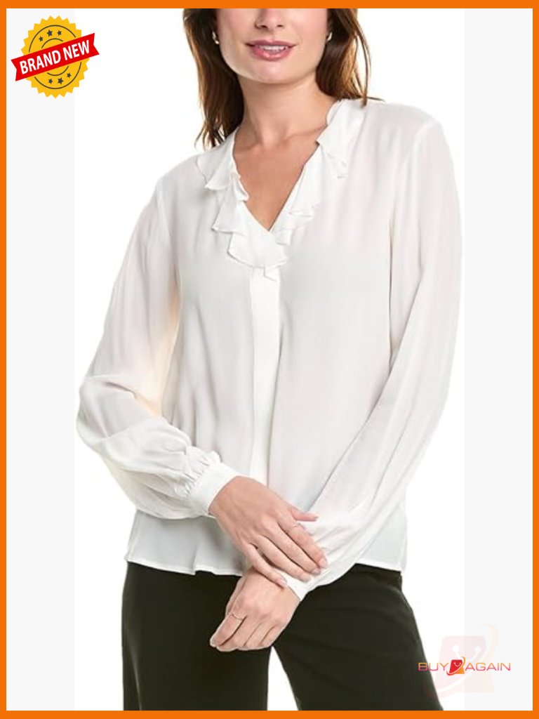 Women's Long Sleeve Ruffle V-Neck Crepe Blouse Top